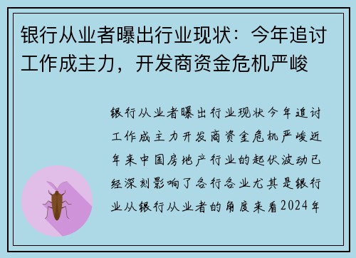 银行从业者曝出行业现状：今年追讨工作成主力，开发商资金危机严峻